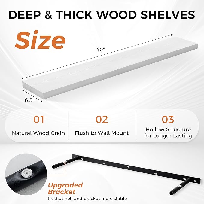 Floating Shelves for Wall, 40 Inch Floating Shelves for Home Decor, Wall Mounted Rustic Wood Shelves, Bathroom, Hanging Deep Shelf for Bedroom, Living Room, Kitchen (White, Set of 2)-Ruum Studio Home