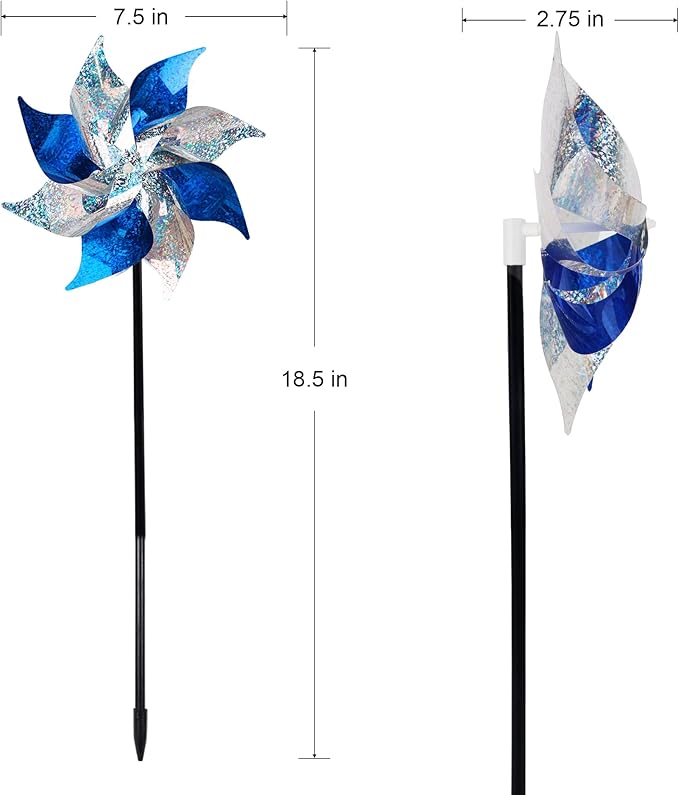 Hausse 10 Pack Reflective Pinwheels, Extra Sparkly Pinwheel, Bird Repellent Devices Deterrent to Scare Birds Away from Yard Patio Farm, Blue & Silver-Ruum Studio Home