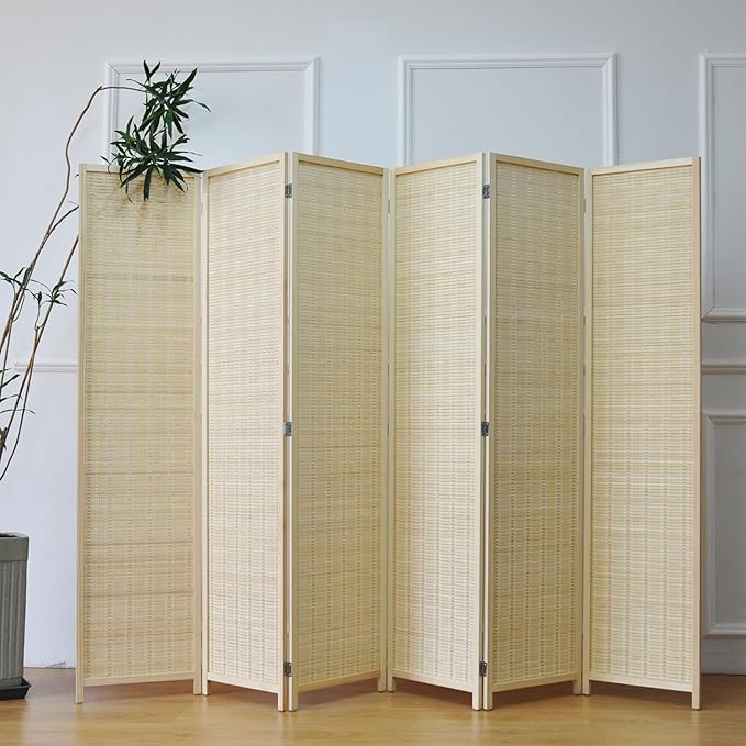 6 Panel Folding Room Divider Screen, Bamboo, for Separation, Beige, 67" H x 92.1" W-Ruum Studio Home