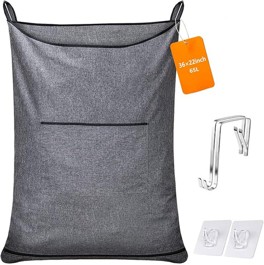 Hanging Laundry Hamper,Door Hanging Hamper with Width Opening, Over the Door Laundry bag with hooks, Laundry Collector and Over Door Storage Bag (36x22 Inch,Pop Grey)-Ruum Studio Home