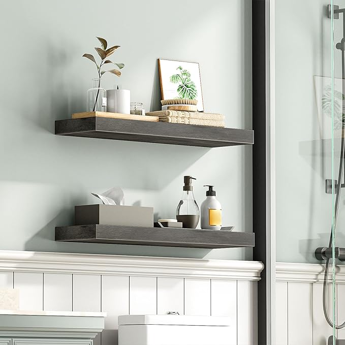 HOOBRO Floating Shelves for Wall, Wall Mounted Shelf Set of 2, 23.6" Hanging Shelf with Invisible Brackets, for Wall in Bathroom, Bedroom, Toilet, Kitchen, Living Room, Office, Charcoal Gray BC60BJ01-Ruum Studio Home