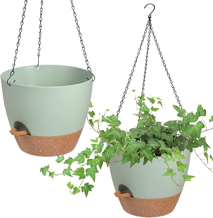 Hanging Planters for Indoor Outdoor Plants, 2 Pack Self Watering Hanging Pot with Drainage Holes & Removable Tray (Green, 10'')-Ruum Studio Home