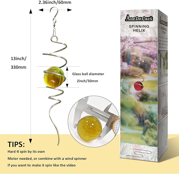 Gazing Ball Spiral Decorative Tail Wind Spinner Sun Catcher 11inch Tail and 2 inch Glass Orb. Wind Spinner Stabilizer Indoor Outdoor Garden Decoration -13 inch Height(Gold)-Ruum Studio Home