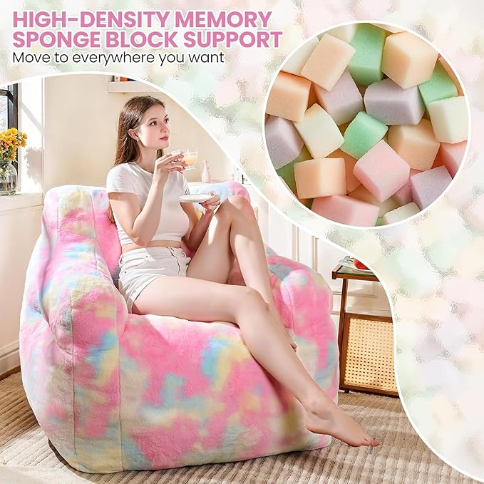 Recaceik Large Plush Bean Bag Chairs, Memory Foam Bean Bag Chair for Adults & Kids with Armrests, Comfy BeanBag Lounge Lazy Floor Sofa Accent Chair for Living Room, Bedroom, Dorm, Colorful Rainbow-Ruum Studio Home