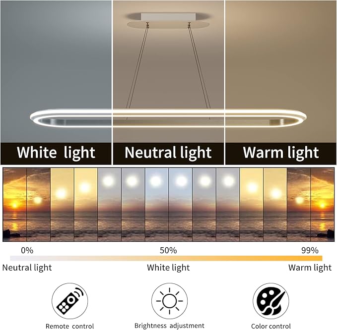 Island Lights, Linear Pendant Light LED Dimmable Hanging Light Fixture, 3000K-6000K with Remote Control,Chandeliers for Dining Room‎(Silver,43.3IN)-Ruum Studio Home