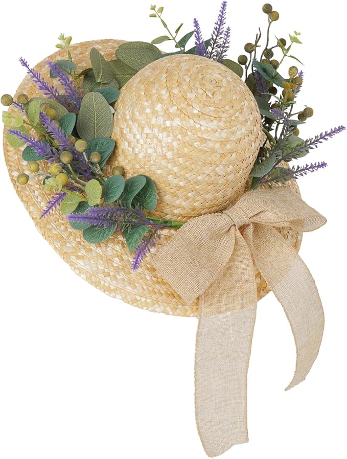 Dilicoming Spring Eucalyptus Wreaths for Front Door - 16 Inch Summer Fall Straw Hat Wreath with Bow, Women Gift, Indoor Outdoor Wreaths for Wall, Window, Farmhouse, Party, Holiday Home Décor-Ruum Studio Home