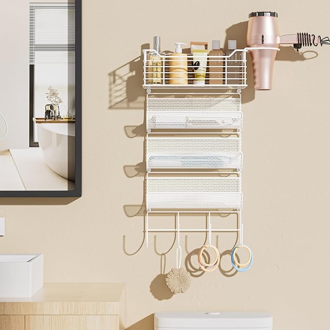 VITVITI Metal Hair Tool Organizer Wall Mount, Hair Dryer Holder with 4 Tier Shelf Basket Hooks, Bathroom Hairs Styling Tool Organizer for Curling Iron/Blow Dryer/Straightener, White-Ruum Studio Home