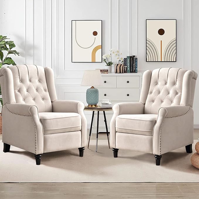 CANMOV Push Back Recliner Chair Set of 2, Elizabeth Fabric Recliner with Tufted Back Home Theater Seating w/Padded Seat and Nailhead Trim, Wooden Legs, Adjustable Single Sofa，White-Ruum Studio Home