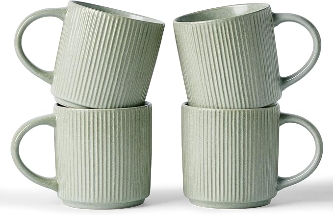 famiware Coffee Mug Set for 4, Star 12 oz Catering Mugs Cup Set with Handle for Coffee, Tea, Cocoa, Milk - Ceramic Stoneware Drinkware Set, Matte Green-Ruum Studio Home