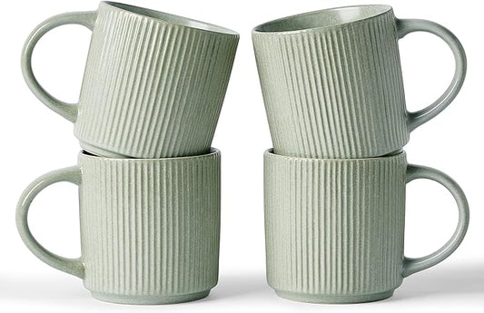 famiware Coffee Mug Set for 4, Star 12 oz Catering Mugs Cup Set with Handle for Coffee, Tea, Cocoa, Milk - Ceramic Stoneware Drinkware Set, Matte Green-Ruum Studio Home