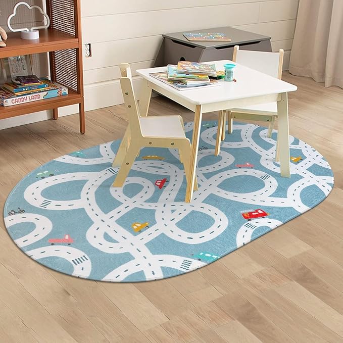 STARUIA Large Kids Playroom Rug, 4'x6' Washable Road Rug for Nursery, Non-Slip Fun Area Rugs for Kids Room, Blue Car Rugs Play Mat Soft Baby Carpet for Boys Girls Dorm Toy Room Tent-Ruum Studio Home