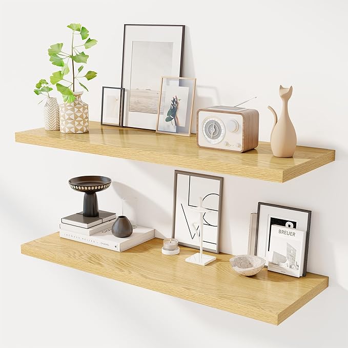 40" Floating Shelves for Wall, 12" Deep Slim Oak Floating Shelves, Wall-Mounted Shelves for Bedroom, Living Room, Kitchen, Bathroom - Set of 2-Ruum Studio Home