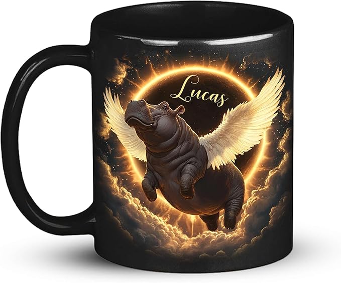 Personalized Choose Name Coffee Mug, Custom Hippo Ceramic Coffee Cup 11oz 15oz, Fantasy Animal Black Cup for Kids, Custom Whimsical Hippo with Wings Mug, Gifts for Holiday-Ruum Studio Home
