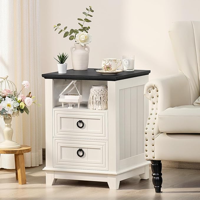 18" Farmhouse Night Stand with Charging Station, 2 Drawers End Table Dresser for Bedroom, White Wooden Nightstand, Bed Side Table with Open Shelf, Bedside Cabinet for Living Room, Closet-Ruum Studio Home