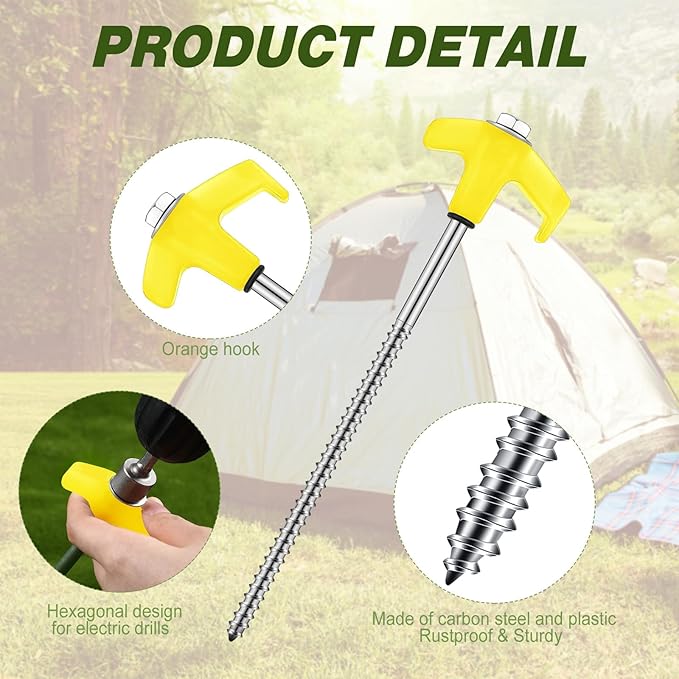 Hicarer 20 Pcs 20 Pcs 8'' Screw in Tent Stakes Heavy Duty Ground Metal Stakes for Inflatables with Hex Head Driver for Outdoor Camping Tent Inflatable Garden Decor (Yellow)-Ruum Studio Home