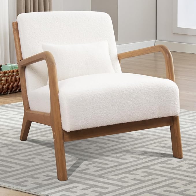 INZOY Mid Century Modern Accent Chair with Lamb Wool Fabric, Upholstered Living Room Chairs with Waist Cushion, Reading Armchair for Bedroom Sunroom, White-Ruum Studio Home