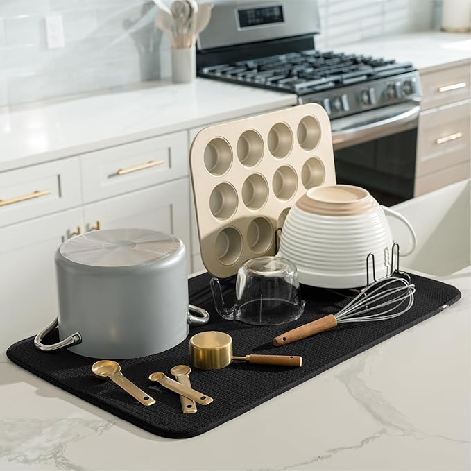 S&T INC. Dish Drying Mat Jumbo, 18” x 30”, Absorbent Microfiber Kitchen Counter Mat, Dish Drying Pad for Dishes, Utensils, Pots and Pans, Jumbo, Black-Ruum Studio Home