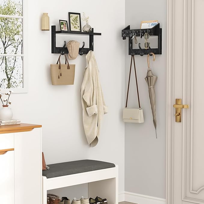 29" Coat Rack Wall Mount with Shelf, 4 in 1 Wall Mounted Coat and Key Hanger with 11 Hooks, Entryway Key Holder with Mail Holder for Living Room, Bedroom, Black-Ruum Studio Home