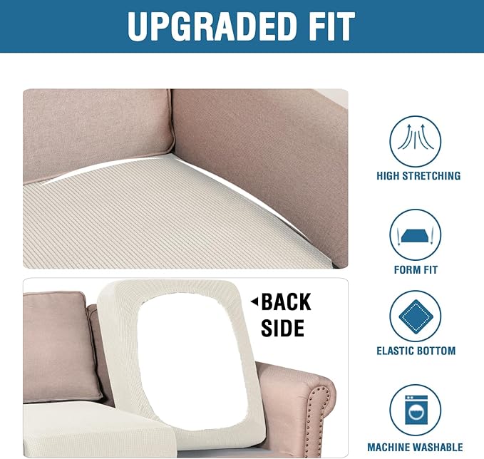 H.VERSAILTEX Super Stretch Individual Seat Cushion Covers Sofa Covers Couch Covers Slipcover Sets Thick Jacquard Textured Twill Fabric (3 Piece XL Sofa Cushion Covers, Porcelain)-Ruum Studio Home