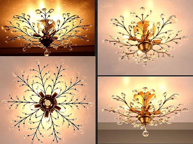 Ganeed Crystal Chandeliers,Vintage K9 Clear LED Ceiling Lighting,Edison Pendant Light Flush Mounted Fixture with 5 Light for Living Room Dinning Room Restaurant Porch Hallway (Gold)-Ruum Studio Home