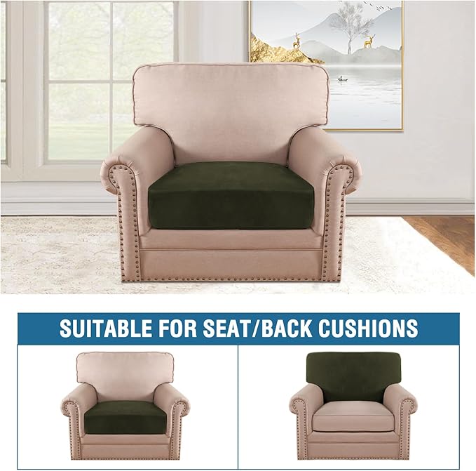 H.VERSAILTEX Velvet Stretch Couch Cushion Cover Plush Cushion Slipcover for Chair Cushion Furniture Protector Seat Cushion Sofa Cover (1 Piece Armchair Cushion Covers, Olive)-Ruum Studio Home