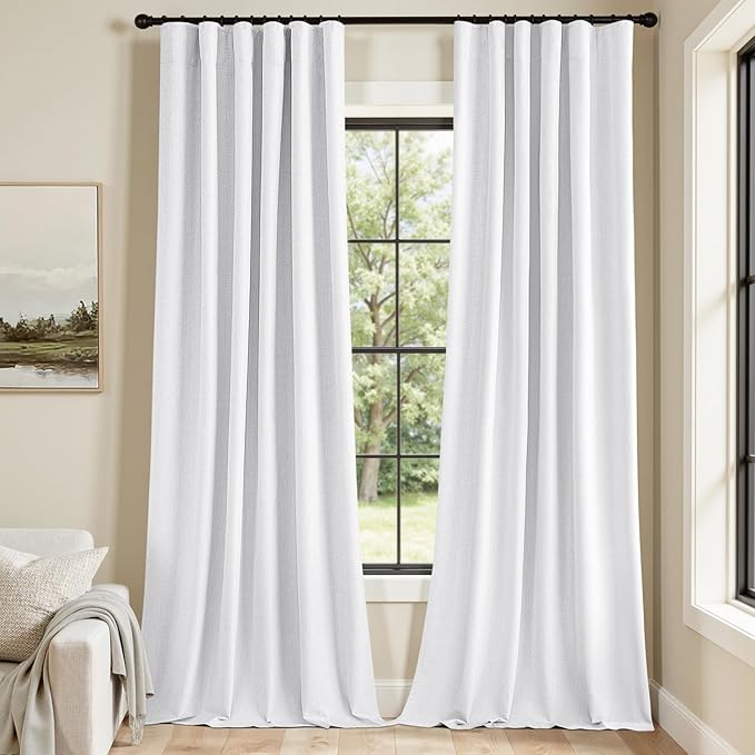 MIULEE 100% Blackout Curtains 108 Inch Long 2 Panels Set for Bedroom, Thick Faux Linen Black Out Curtain Room Darkening Back Tab Pleat Window Textured Drapes with Hooks for Living Room, Bright White-Ruum Studio Home