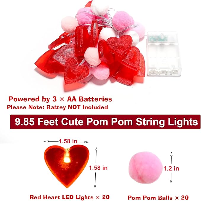 Red Heart String Lights 9.85 Ft Valentines Light with 20 LEDs 20 Pink Pom Poms Garland Lights Battery Operated with Timer Valentines Decorations for Wedding Party Valentine Decor-Ruum Studio Home