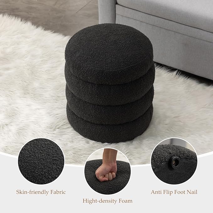 Furniliving Modern Round Ottoman, Soft Bedroom Ottoman Footstool Round Ottomans Stool for Living Room, Bedroom, Makeup Room, Black, Boucle-Ruum Studio Home