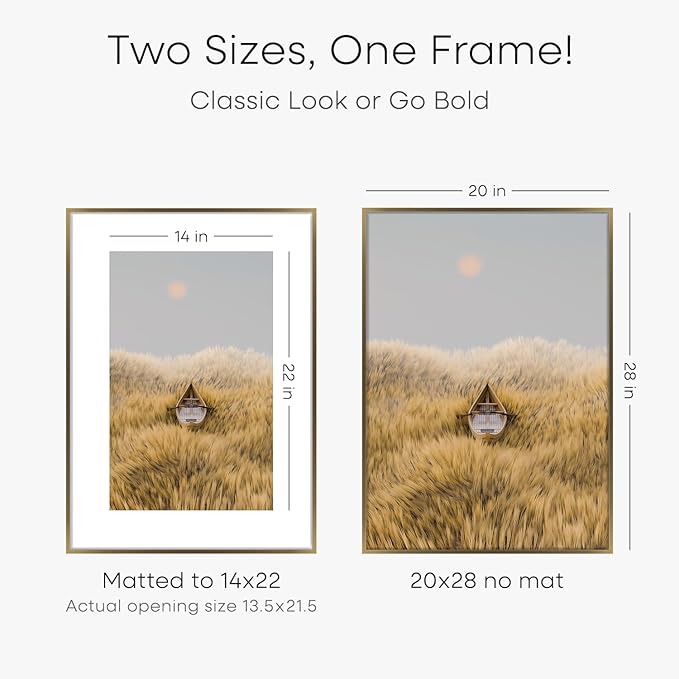 Homeforia Picture 20x28 Bronze Frame, High End Metal 20 x 28 Brass Poster Frames with Mat 14 x 22 for Photo, 20x28 Frame Matted to 14x22 Print, 28x20 Hanging Frames, Tempered Glass, Wall Kit, Set of 1-Ruum Studio Home