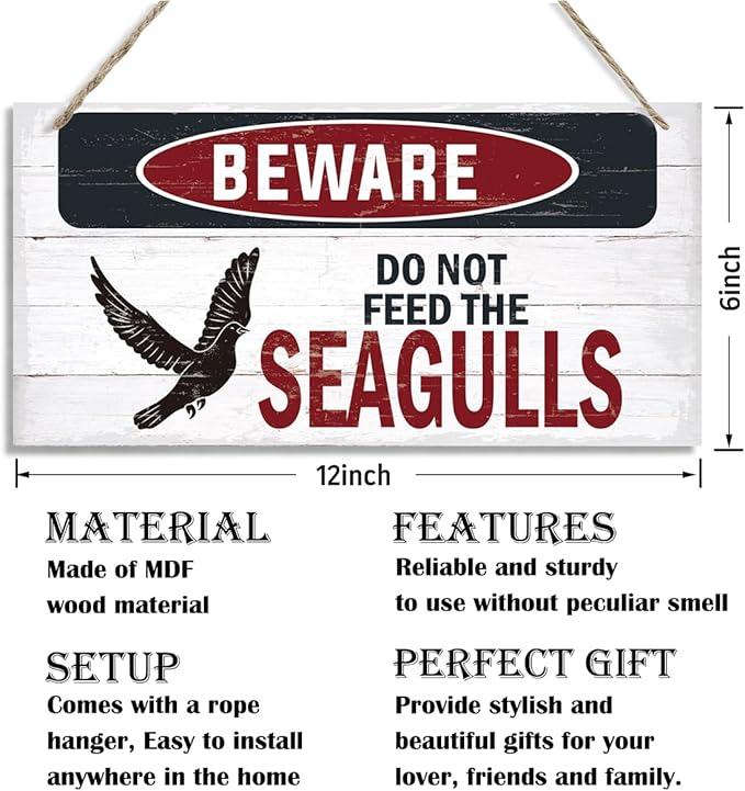 Warning Sign, Do Not Feed The Seagulls Seaside Beach Cafe Bar Metal Wall Warning Wood Plaque Sign, Funny Door Signs, Decorative Wood Hanging Suspension Plaque, Farmhouse Wooden Wall Decor-Ruum Studio Home