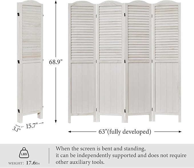 Room Partitions and Dividers, 68.9 Inch Temporary Wall with Double Hinges, Wooden Louver & MDF Stable Screens for Home Office Bedroom Coffeehouse Decoration (4 Panels, White-Washed)-Ruum Studio Home
