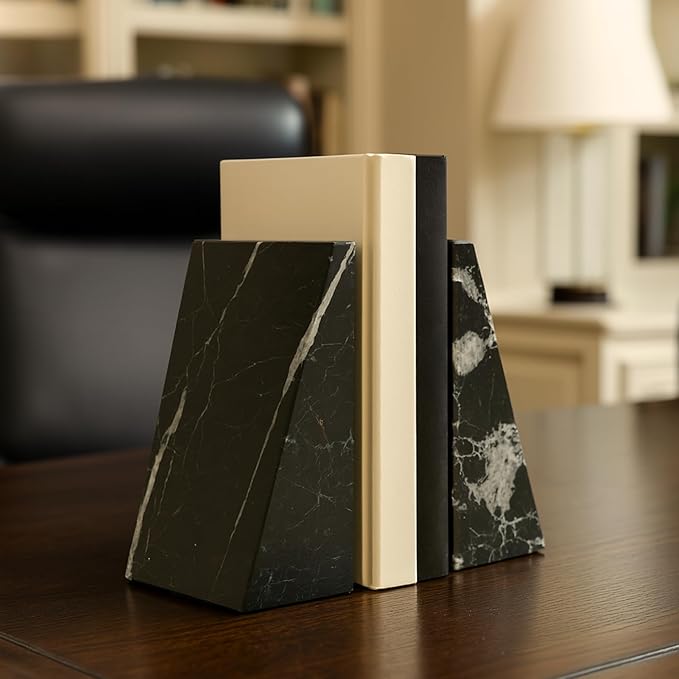 Bey-Berk Black Zebra Marble Bookends, Black ? 7.25" Tall, White Veins, Heavy-Duty Triangular Stone Book Stopper-Ruum Studio Home