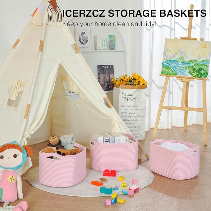 Storage Baskets for Organizing Shelves, Pink Basket for Nursery, Woven Cotton Rope Baskets for Storage, Towel Basket for Bathroom, 15"x11"x9.5", 3 Packs, Light Pink-Ruum Studio Home