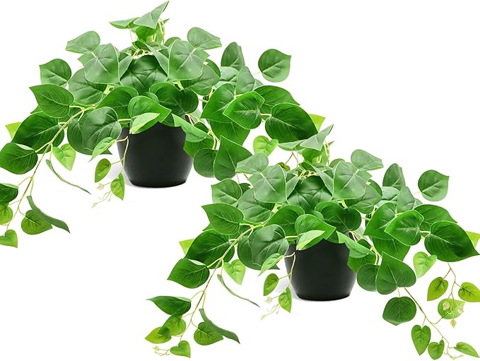 Tiita 2 Pack Fake Plants Artificial Scindapsus Aureus in Pots, Realistic Fake Greenery Potted Plants for Home Office Desk Window Sill Bathroom Bedroom Outdoor Indoor-Ruum Studio Home