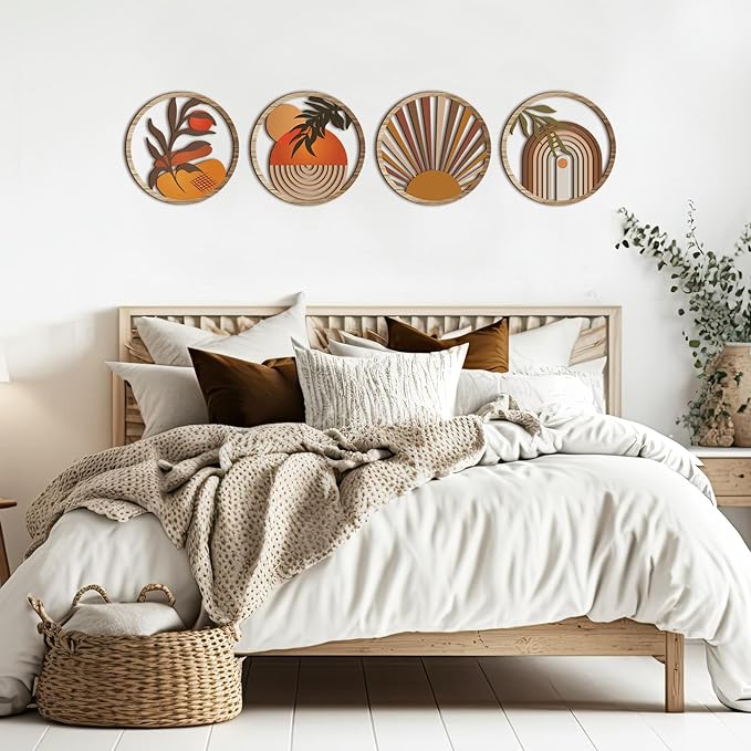 Qunclay 4 Pieces Boho Wall Art Wooden Bohemian Wall Decor Hanging Art Nursery Decor Farmhouse Geometric Hanging 10 Inch Aesthetic Wood Minimalist for Apartment Bedroom(Stylish)-Ruum Studio Home
