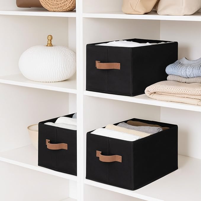 StorageWorks Storage Baskets for Shelves, Foldable Fabric Closet Storage Bins with Handles, Clothes Organizer Laundry Baskets, Black, 3-Pack, Large-Ruum Studio Home