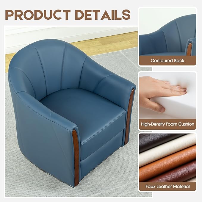 360° Swivel Accent Chair, Modern Leather Barrel Club Chair with Leather Upholstery and Sturdy Wood Base, Comfortable Armchair for Living Room, Bedroom, Reading Nook, Blue-Ruum Studio Home