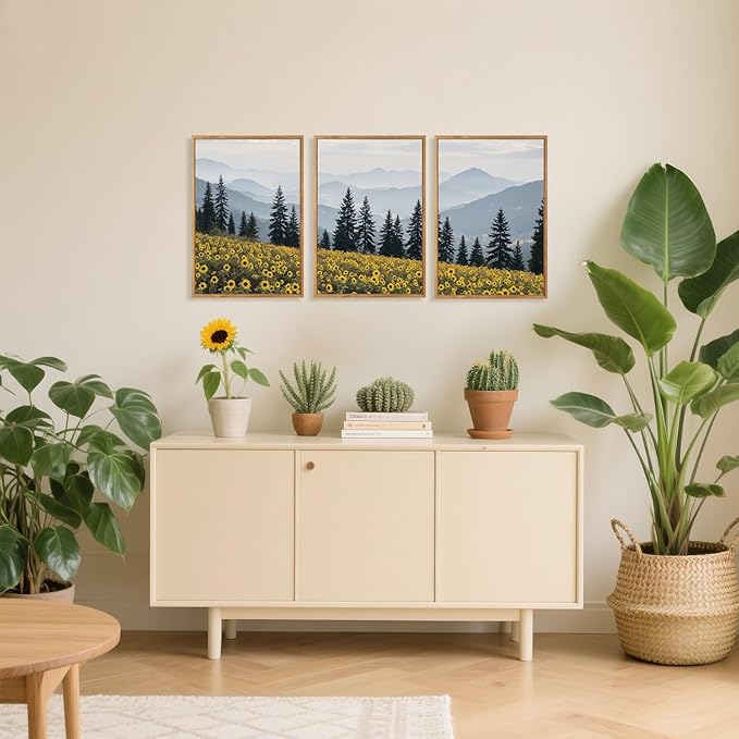 HPINUB Boho Sunflowers Landscape Framed Canvas Wall Art Set,Nature Pine Tree Wall Decor,Abstract Flowers Artwork Rustic Mountain Misty Forest Art Print for Living Room,Bedroom,Office-16 x24 x3-Ruum Studio Home