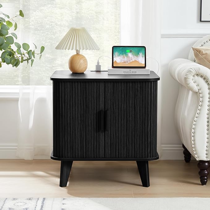 Farmhouse Square End Table with Charging Station, 24" Large Fluted Sofa Side Table with Sliding Tambour Door and Storage, Rustic Curved Wood Nightstand for Living Room, Bedroom, Black-Ruum Studio Home