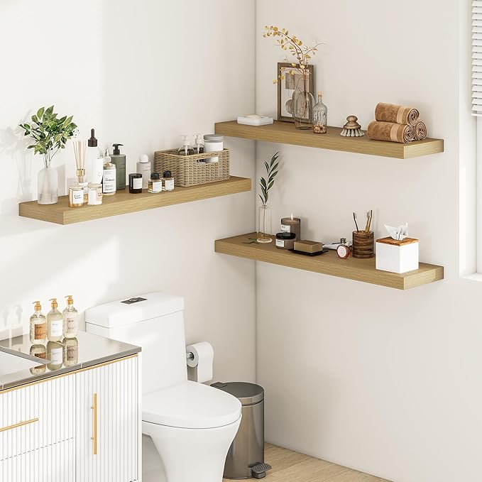 12 Inch Deep Floating Shelves 36 inch Long, 36 x 12 Wide Wall Shelves with Invisible Brackets, Heavy Duty Shelf for Bedroom Bathroom Living Room Kitchen Office Home Decor, Modern Shelf Set of 2, Oak-Ruum Studio Home