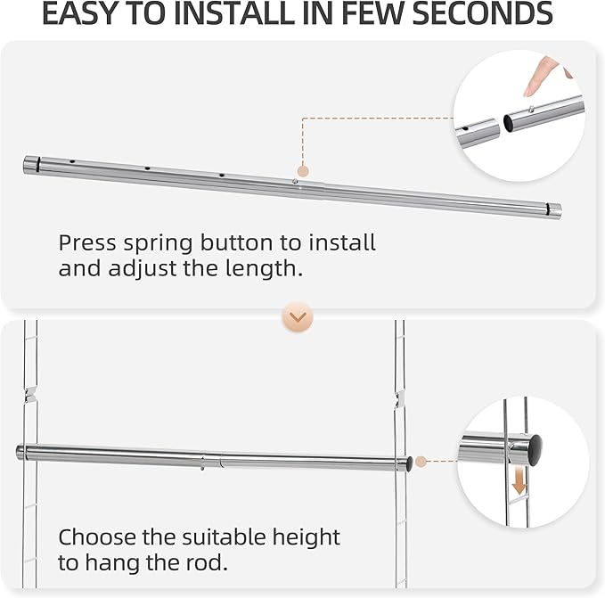 STORAGE MANIAC Hanging Closet Rod, Adjustable Width and Height Closet Hanging Organizer, Space-Saving Clothes Hanging Bar, Closet Extender Hanging Rod Double Closet Hanging Rod, 2 Pack Chrome-Ruum Studio Home