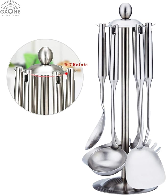 Kitchen Utensil Set – 6 Piece Stainless Steel Cooking Utensils with Rotating Holder Organizer Includes Slotted Spoon, Slotted Spatula, Large Spoon, Soup Ladle, Spatula, Pasta Server Silver/7PCS-Ruum Studio Home