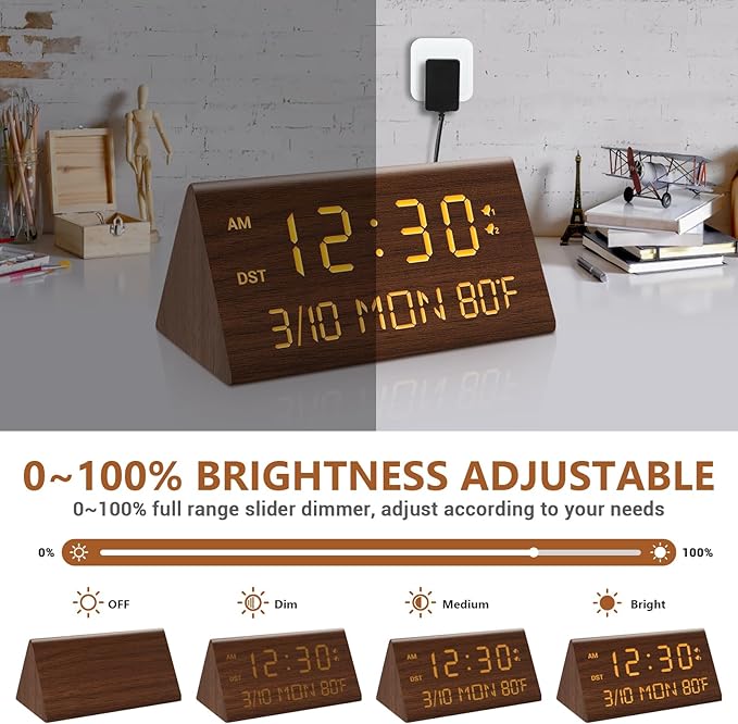 Kogonee Wooden Digital Alarm Clock, 0-100% Dimmer, 2 Alarm Settings, Weekday/Everyday Mode, 9 Mins Snooze, 12/24H, Temperature and Date Display for Office, Travel, Bedroom Alarm Clock (Brown)-Ruum Studio Home