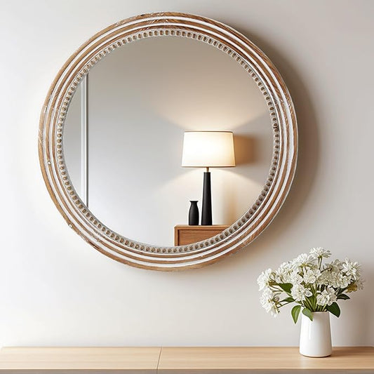 24 Inch Rustic Round Mirror - Farmhouse Vintage Bathroom Vanity Mirror, Wall-Mounted Round Mirrors for Bathroom Sink, Bedroom & Living Room and Framed Decorative Restroom Mirror-Ruum Studio Home