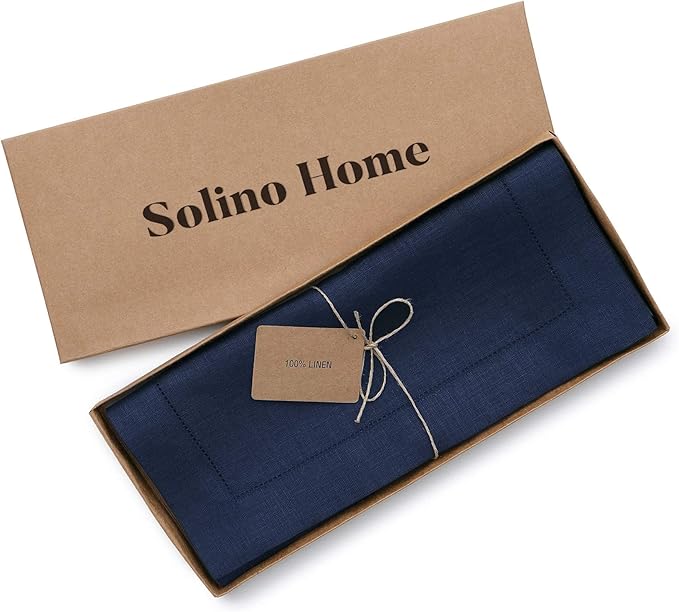 Solino Home Linen Navy Table Runner 72 Inches Long - 100% Pure Linen Hemstitch Table Runner 14 x 72 Inch for Dresser, Dining, Fall, Autumn, Halloween, Thanksgiving - Classic Hemstitch-Ruum Studio Home