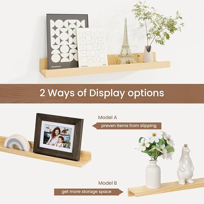 Picture Ledge Shelf, Solid Pine Wood Floating Shelves Set of 4, 16 Inches Nursery Book Shelves for Toys Storage, Kids Bookshelf Wall Mounted for Living Room Decor Photo Frames, Unfinished Natural-Ruum Studio Home