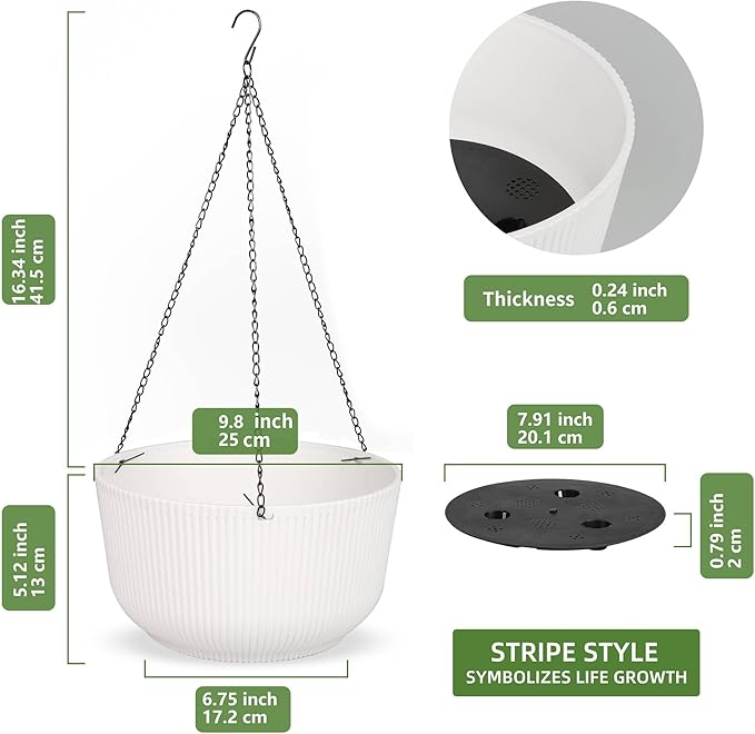 Dexceder 9.8 Inch Self Watering Hanging Planters Indoor Outdoor, Thickened Hanging Basket Flower Plant Pot (2 Pack, White)-Ruum Studio Home