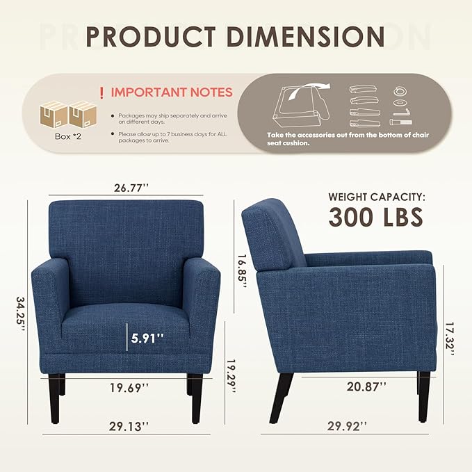 COLAMY Accent Chair Set of 2 for Living Room, Modern Upholstered Fabric Accent Armchair with Back, Soft Single Sofa Chair with Arms for Bedroom/Office/Reception Room, Blue-Ruum Studio Home