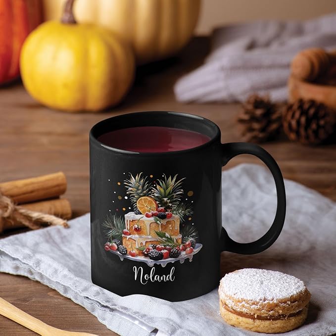 Personalized Christmas Decorative Mug - Fruit Cake Design Coffee Cup for Cake Lovers - Customized Black 11oz/15oz Cup for Daughter-Ruum Studio Home