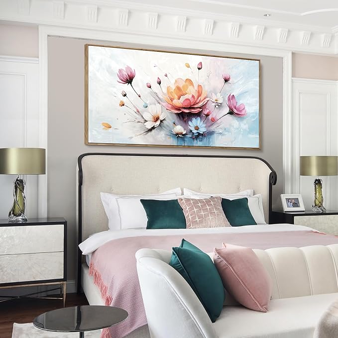 amatop Framed Floral Canvas Wall Art – Oversized Pink Blue Abstract Bloom Flower Print Daisy & Peony Picture Elegant Botanical Nature Large Artwork for Living Room Bedroom Dining Entryway Decor 58x29 inch-Ruum Studio Home